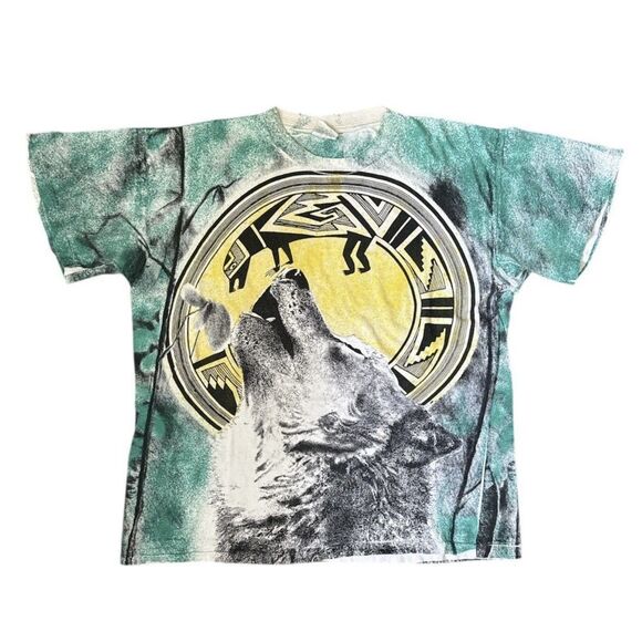 VINTAGE 90s Wolf Shirt Size XXL Graphic AOP Single Stitch Double Sided Nature - Picture 1 of 11